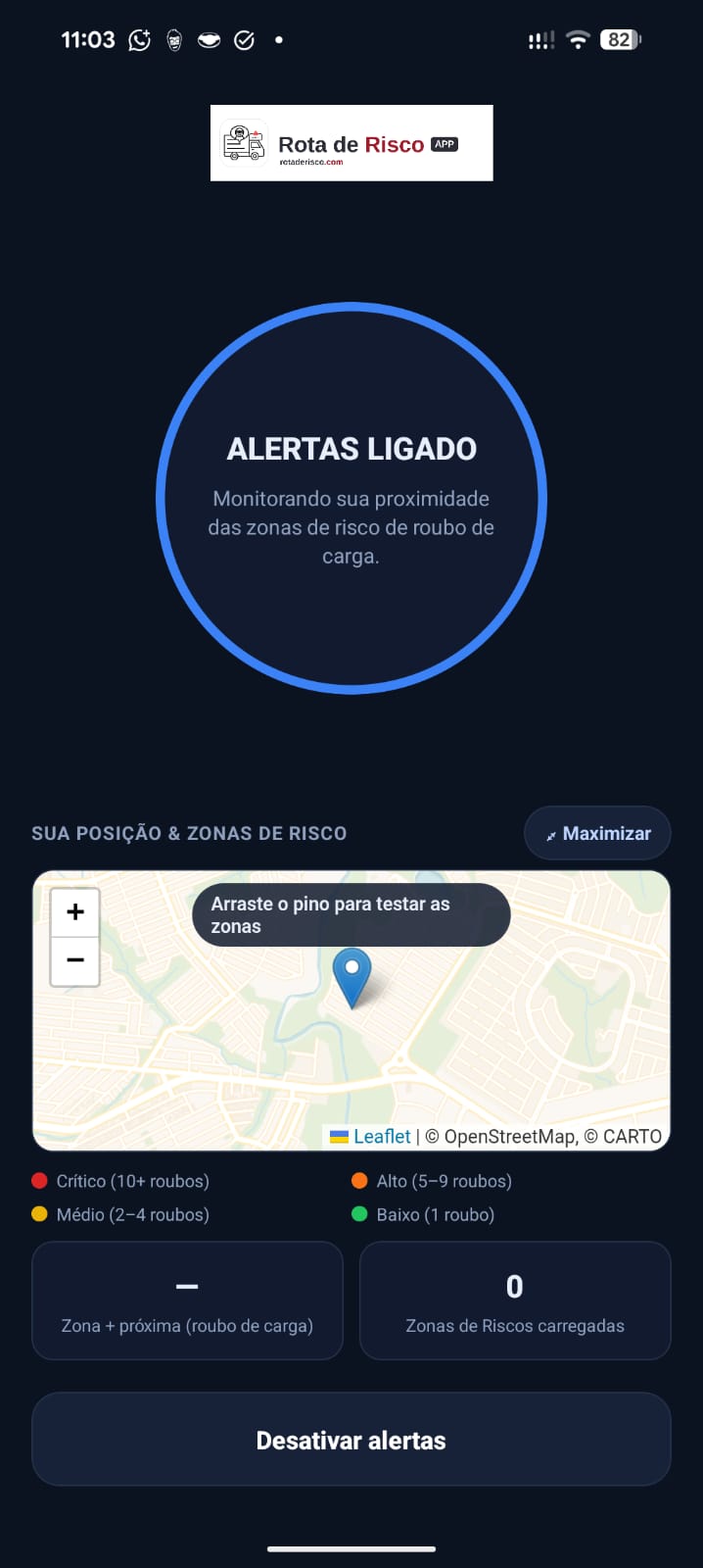 Tela do app Rota de Risco: mapa com zonas de roubo de carga