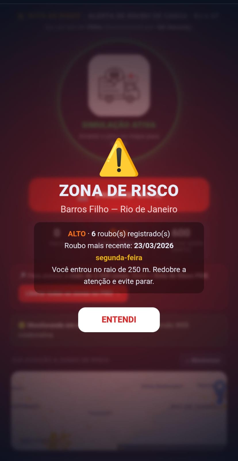 Tela do app Rota de Risco: detalhes da zona